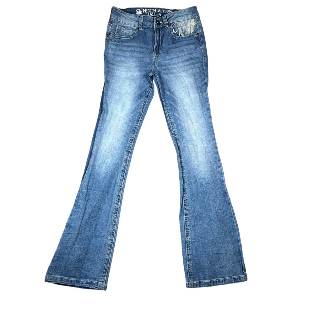 Ninth Hall Alyssia Womens Size 8 Flare Jeans Rhinestone Rose Tattoo Medium Wash